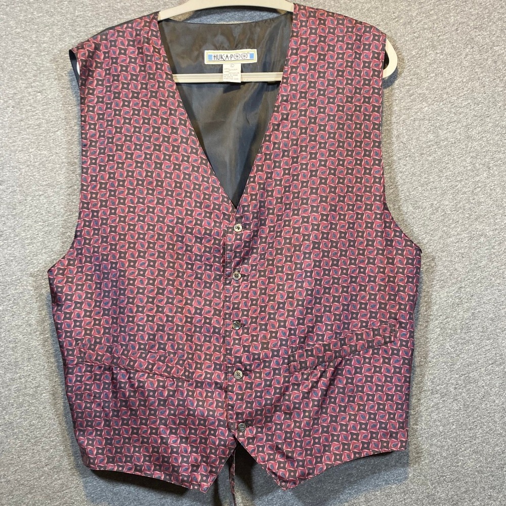VTG Huka-Poo Vintage 100% Silk Geometric Paisley Button Front Vest Burgundy L - Picture 1 of 7